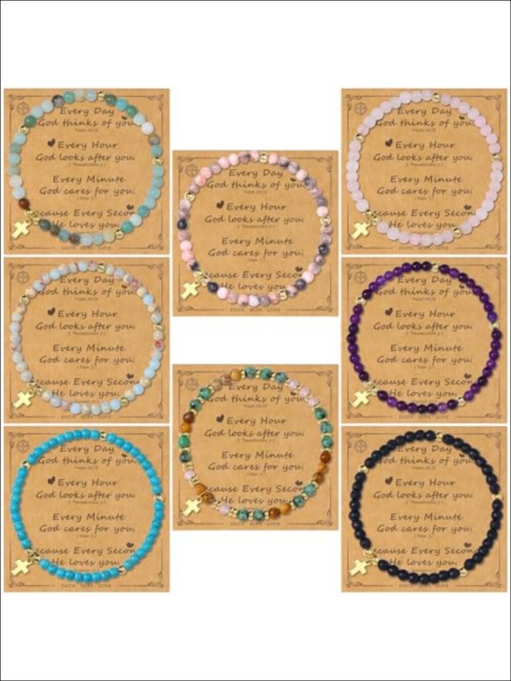 Christian Cross Bracelet Set 8pc Beaded Gemstone Elastic Stretch Religious Gift